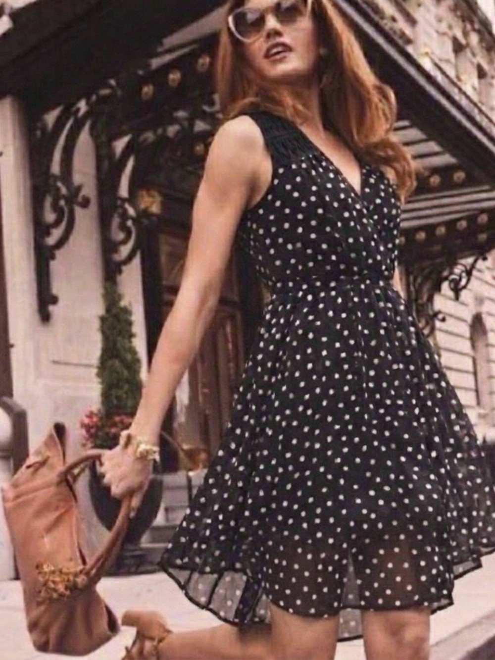 Elle Dress Black Polka Dot Chiffon High Low Fit & Flare XS Quiet Luxury Party